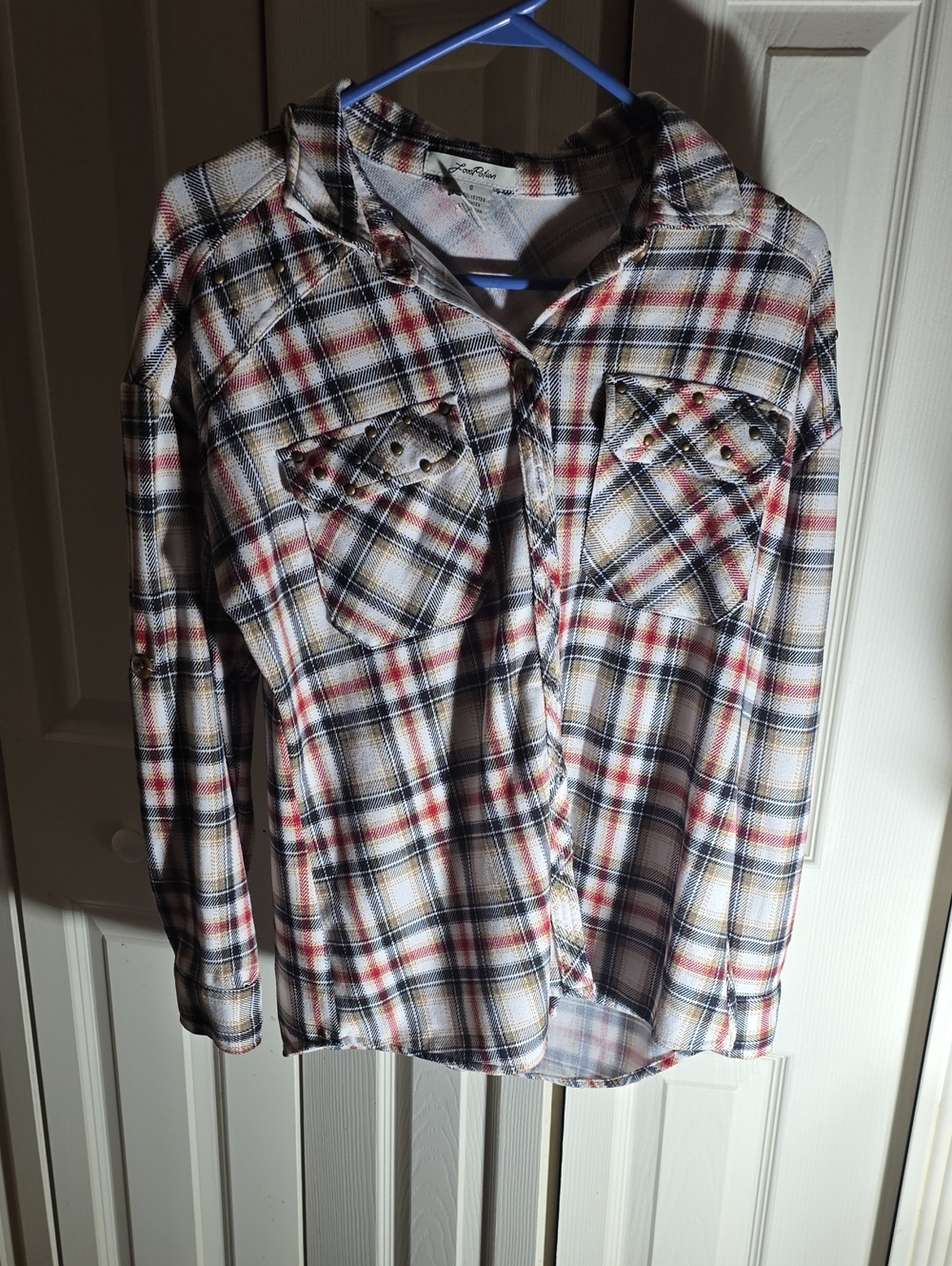 Plaid Button-Front Women's Shirt - White, Red & Blue